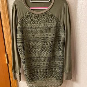 Olive green long sleeve top with lace overlay